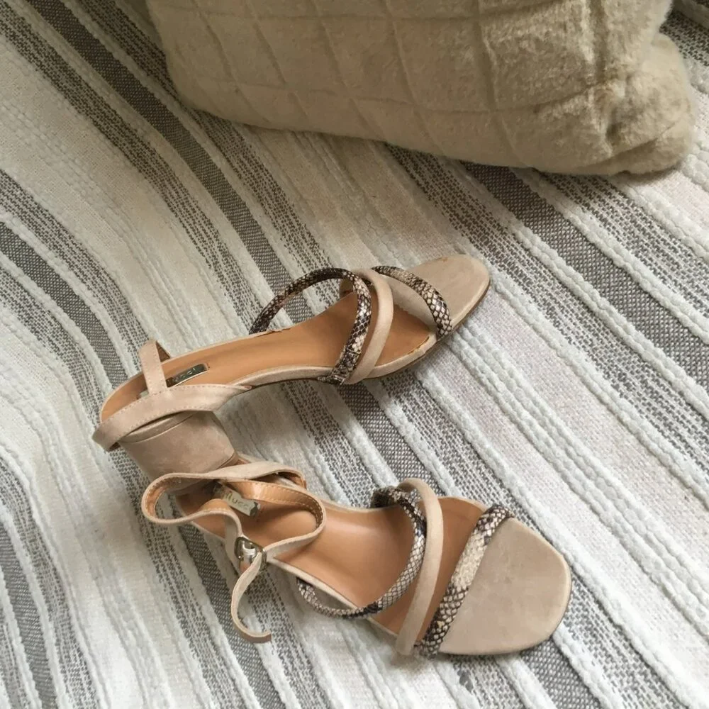 Beige Suede Block Heel Sandals with Snakeskin Straps